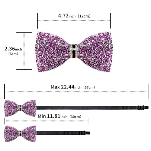 DiBanGu Mens Rhinestone Bow Tie with Ring and Lapel Pin Set | Adjustable Strap,Pre-tied Style,3PCS,Sequin Diamond Bowties，Solid/Mix Color,Shiny Accessory,for Party Prom Banquet Wedding - color: Purple and Silver