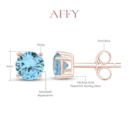 Birthstone Stud Earrings for Women 4MM Round Simulated Gemstone Studs | Push Back Earrings In 14K Gold Over Sterling Silver - color: March - Aquamarine