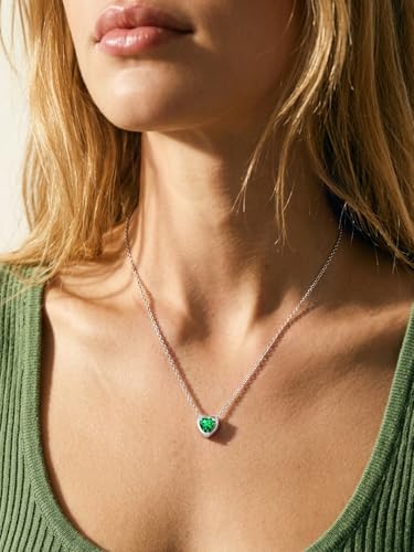 Silvora Heart/Round Birthstone Necklace for Women, Sparkling Crystal Pendant, Dainty Birth Month Jewelry, Adjustable 16"+2" Chain - color: Silver, style: May Heart