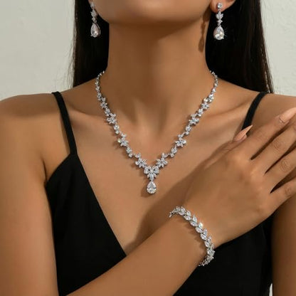 Jewelry Set for Women, Necklace Dangle Earrings Bracelet Set with White AAA Cubic Zirconia, Allergy Free Wedding Party Jewelry for Bridal Bridesmaid - color: Necklace + Earrings + Bracelet