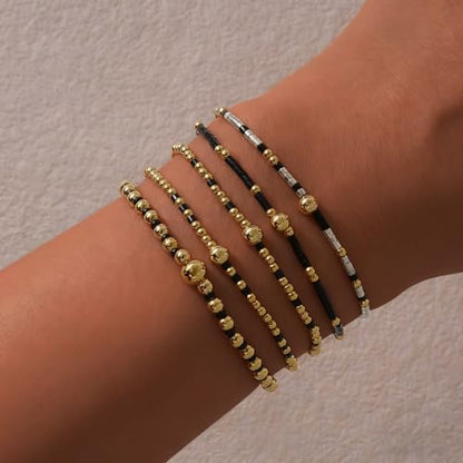 14K Gold Plated Beaded Bracelets Stack Set for Women,Stretch Boho Ball Jewelry Friendship Trendy - color: Gold Black Beaded
