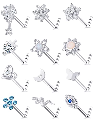 Akeoqi 12Pcs Nose Rings Stud L Shape Nose Rings Cubic Zirconia Butterfly Flower Eye Moon Crown Heart Lightning Shape Nose Studs Piercing Jewelry for Women Men Silver Gold Plated 20G - style: E:Snake&Silver