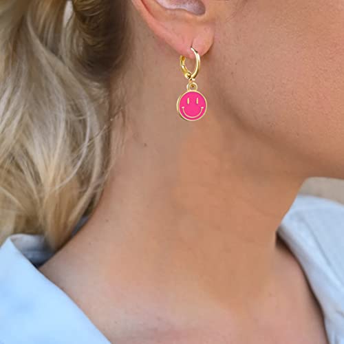 Preppy Earrings for Women Smile Face Heart Charms Pendants Gold Small Huggie Hoop Dangle Drop Earrings Trendy Y2K Jewelry Gifts - color: Smile-Pink