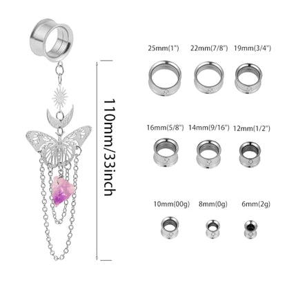 DOEARKO 2PCS New Butterfly-Pendant Hypoallergenic Stainless Steel Dangle Ear Plugs Tunnels Ear Gauges Stretcher Pair Selling 2g 0g Piercing Body Jewelry - color: Silver, size: 22mm