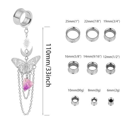 DOEARKO 2PCS New Butterfly-Pendant Hypoallergenic Stainless Steel Dangle Ear Plugs Tunnels Ear Gauges Stretcher Pair Selling 2g 0g Piercing Body Jewelry - color: Silver, size: 19mm