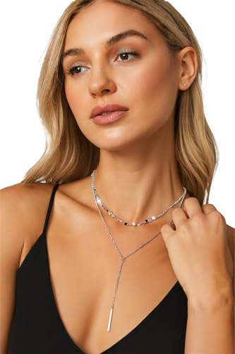14K Gold Plated Y Necklace for Women – Dainty Lariat Long Pendant Chain, Layered Drop Necklace for V Neck Dress, Simple Sexy Cleavage Jewelry Gifts for Women - color: Silver - Double layered - Sugar cube