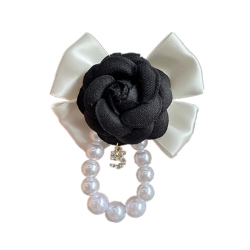 Vintage Camellia Pearls Brooch for Women, Ribbon Bows Tie Pin Elegant Preppy Uniform Pre Tied Bowknot Corsage Shirt Jabot Collar Necktie - color: Black Style A