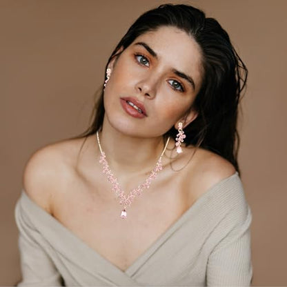 Rhinestone Wedding Jewelry Sets for Bridal Women Crystal Necklace Bracelet Earrings Set Prom Jewelry Set for Brides - color: Pink Gold