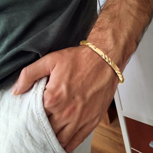 Hisatan Stainless Steel Mens Cuff Bracelet, Minimal Twist Cool Antique Retro/Silver/Black Open Metal Cuff Bangle Bracelets for Men, 65/70mm - color: Gold