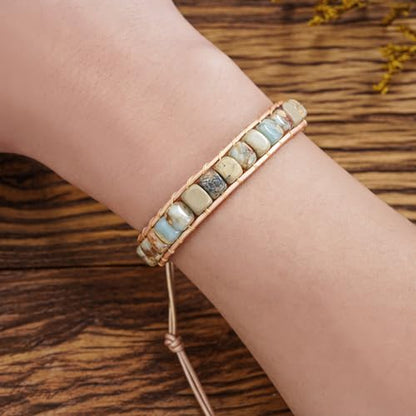 Plumiss Women Boho Handmade Natural Stone Crystal Leather Bead Wrap Bracelets Collection - style: Agalmatolite 1W