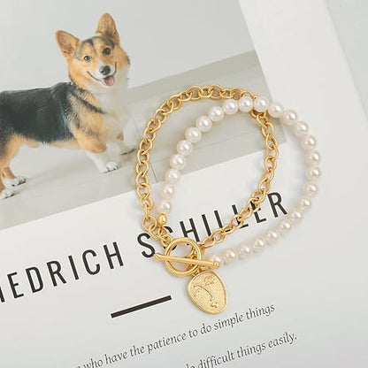PEARLADA 18k Gold Plated Chain Layerd Bracelet Coin Charm Toggle Bracelet Trendy Cubic Zirconia Jewelry - color: Pearl + Chain