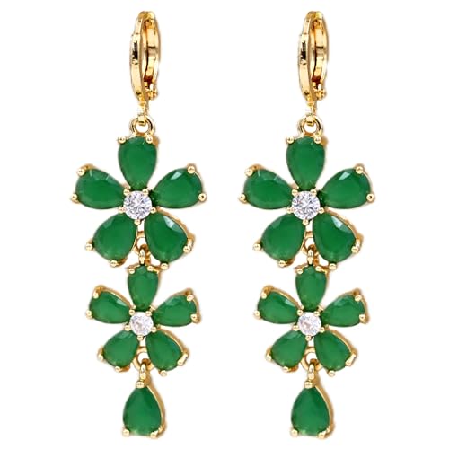 18K Gold Plated Flower Dangle Earrings for Women, Hypoallergenic Cubic Zirconia Earrings, Elegant CZ Drop Earrings, Statement Jewelry Gifts Party Fashion - style: 7098-Flower-Green