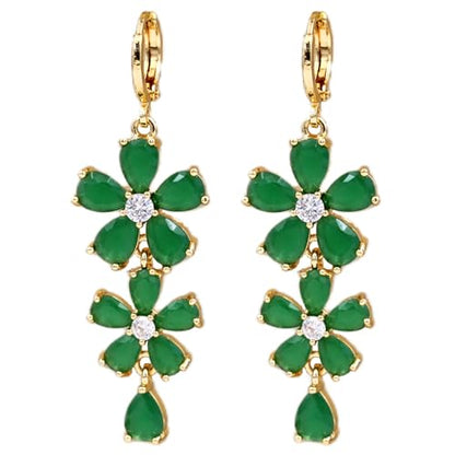 18K Gold Plated Flower Dangle Earrings for Women, Hypoallergenic Cubic Zirconia Earrings, Elegant CZ Drop Earrings, Statement Jewelry Gifts Party Fashion - style: 7098-Flower-Green