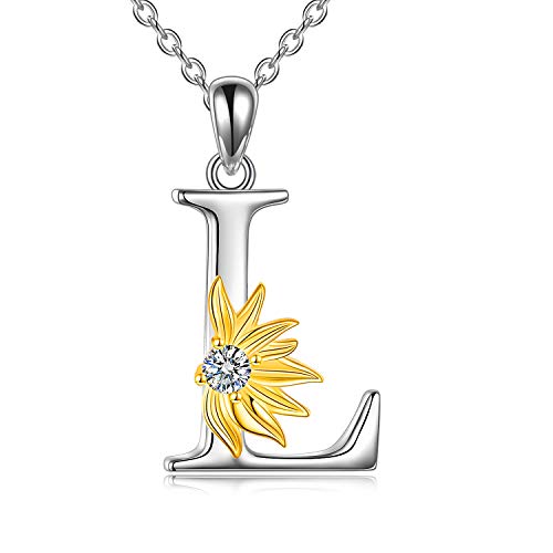 POPLYKE Initial Sunflower Necklace for Women 925 Sterling Sliver Sunflower Pendant Necklace Letter Initial Pendant Chain - style: Sunflower L