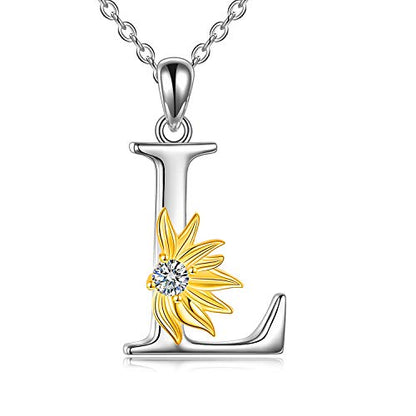 POPLYKE Initial Sunflower Necklace for Women 925 Sterling Sliver Sunflower Pendant Necklace Letter Initial Pendant Chain - style: Sunflower L