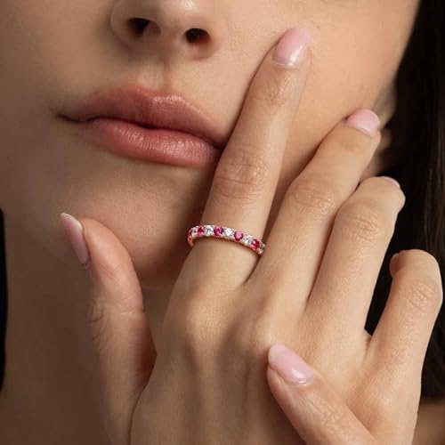 Bezel Set Birthstone Wedding Band 14K Gold Sterling Silver Stackable Half Eternity Band Rings 2.5mm Wide Ruby/Amethyst/Sapphire/Emerald Green/Aquamarine Ring for Women, Send Gift Box - style: 07-Created Ruby & CZ