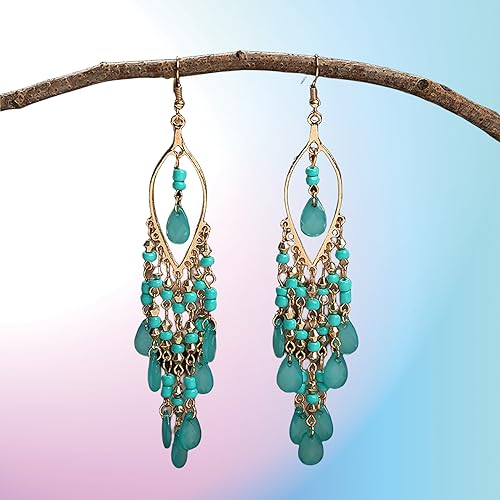 Essencedelight Crystal Beaded Tassel Earring Long Beaded Dangle Earring Fringe Hook Earring for Women Bridal Wedding - color: blue 2