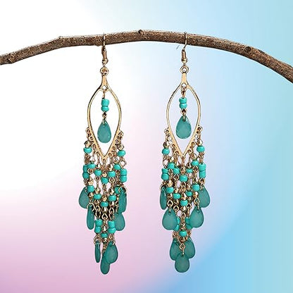 Essencedelight Crystal Beaded Tassel Earring Long Beaded Dangle Earring Fringe Hook Earring for Women Bridal Wedding - color: blue 2