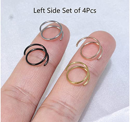 Renkovte Double Nose Ring for Single Piercing,20G Snug Spiral Nose Rings Hoops 8mm Thin Nose Piercing Jewelry for Women - style: Left Side 4PCS 8mm