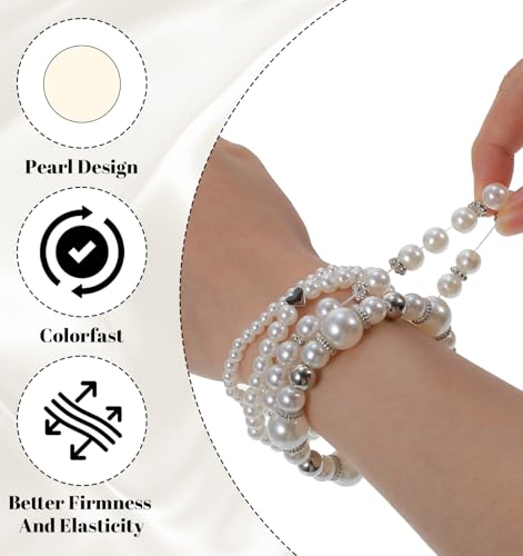 4Pcs Pearl Bracelet Stack, Fake White Pearl Bracelets for Women Dainty Beaded Jewelry Imitation Pearls, Stackable & Multilayered, Perfect for Bridesmaids, Silver & White