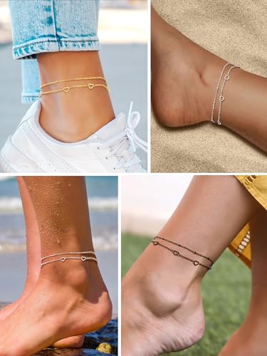 PROSTEEL Ankle Bracelets for Women, Silver/Gold/Black, Waterproof Anklets | Waterproof, Stainless Steel, Summer Beach Jewelry, Durable & No Tarnish, Come with Gift Box, 8-10.5" Adjustable, Plus Size - color: I: Black--6 Heart Layered