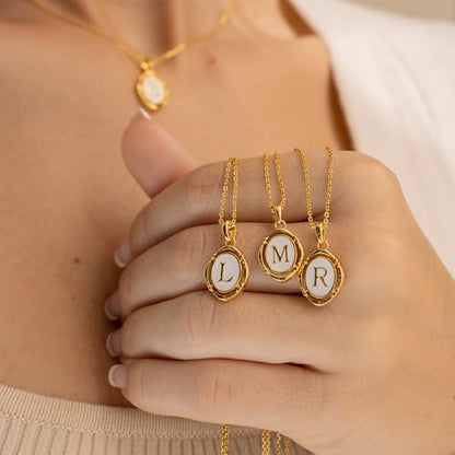 14K Gold Plated Initial Necklaces for Women, Letter Charm Pendant Necklace | Dainty Oval White Enamel Personalized Name Necklace, Trendy Jewelry with 16 inches Chain and 2 inches Extender - color: D