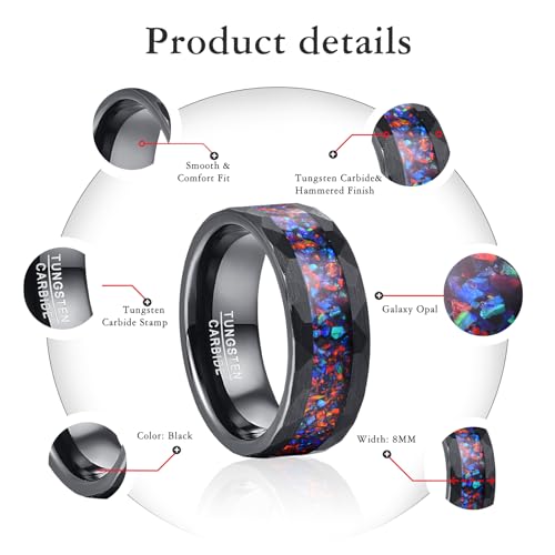 NUNCAD Black Tungsten Ring, Men's Wedding Rings with Blue/Amethyst/Galaxy Opal Ring 4mm 8mm Engagement Promise Ring Comfort Fit Size 5-12 - color: Galaxy Opal & 8mm