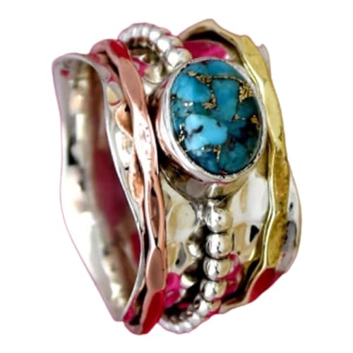925 Sterling Silver Blue Copper Turquoise Spinner Ring | Handmade, Three Tone, Hammered Band, For Women, Sizes 3-16 US