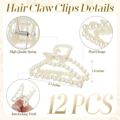 Canlierr 12 Pcs Pearl Hair Claw Clips Bulk for Women White Pearl Claw Barrettes for Thin Curly Thick Long Cute Non-slip Strong Hold Hair Styling Accessories for Bridesmaid Women Wedding (Half Circle) - style: Half Circle