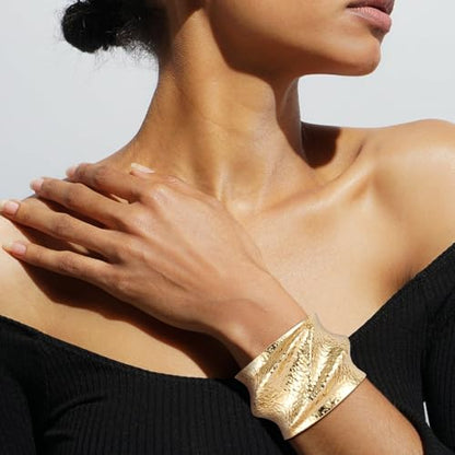 AsAlways 14K Gold Plated Hammered Cuff Bracelet for Women Wide Textured Open Cuff Bangle Statement Gold Chunky Bracelet Jewelry Gift - color: 01 Gold