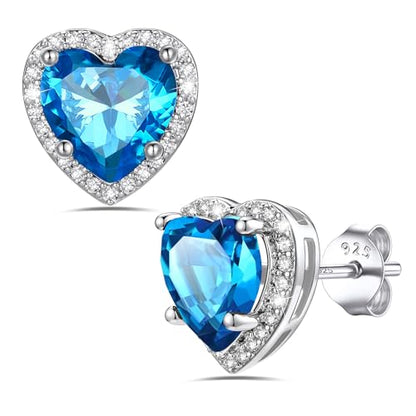 Bestyle Authentic 925 Sterling Silver 2 Carat Birthstone Earrings for Women, More Sparkle Heart/Round Solitaire Diamond Studs Earrings, Great Birthday/Christmas/Anniversary Jewelry for Wife Mother - color: 12. Dec. Blue Topaz-Heart