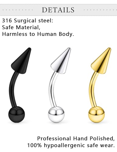 18Pcs Angel Bites Piercing Jewelry Surgical Steel Vertical Labret Lip Jewelry 16G Snake Bites Piercing Jewelry Curved Barbell Long Spike Eyebrow Rings for Women Men Bar Length 6mm/8mm/10mm - style: spike length 5mm
