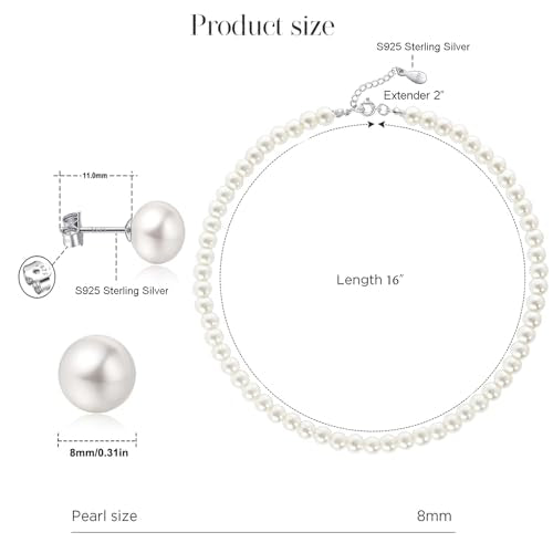 Sterling Silver Pearl Jewelry Set, 8mm Round Shell Pearl Choker Necklace & Stud Earrings, Hypoallergenic Pearl Jewelry with Velvet Pouch, Classic Pearl Accessories for Daily Wear, Wedding, Party & Gift for Women