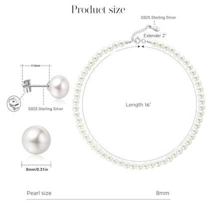 Sterling Silver Pearl Jewelry Set, 8mm Round Shell Pearl Choker Necklace & Stud Earrings, Hypoallergenic Pearl Jewelry with Velvet Pouch, Classic Pearl Accessories for Daily Wear, Wedding, Party & Gift for Women