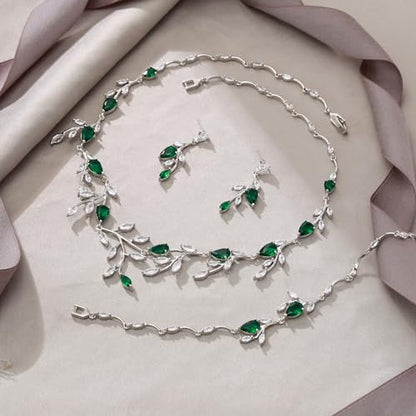 Cubic Zirconia Leaf Vine Wedding Jewelry Set for Bride Women Bridesmaid | Pear-Shaped Birthstone, Necklace Dangle Earrings for Bridesmaid, Silver-Plated-Brass - color: 3pcs_Green