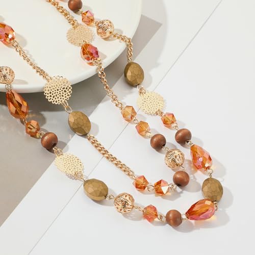 Bocar Long Necklaces for Women Trendy, Boho Layered Crystal Beaded Collar Necklaces for Women, Fashion Statement Necklaces Jewelry - color: Orange