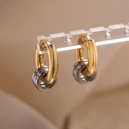 18K Gold Plated Stainless Steel Round Hoop Earrings For Women Non-Fading Jewelry - color: gold with small silver circle