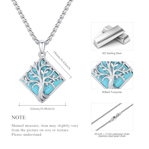 S925 Sterling Silver Tree of Life Necklace For Men Women Abalone/Turquoise/Vintage Retro Oxidation/ Famtima Hand/Round/Square/Teardrop/Rectangle/Oval Family Tree Pendant Necklaces Jewelry Gifts For Valentine's Day Christmas Mother's Day - style: Square Tu
