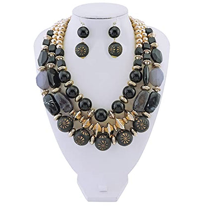 Bocar 3 Layer Chunky Statement Beaded Necklace and Earrings Set, Fashion Multi Layer Women Collar Necklace Jewelry Set - color: Black