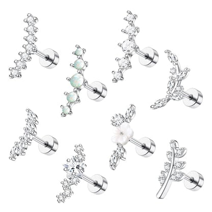 8Pcs Stainless Steel 16G Conch Piercing Jewelry Helix Cartilage Earrings | Flower Opal CZ Stud Earrings Set with Flat Back for Women, 18K Gold Plated, Silver, Rose Gold - color: Silver