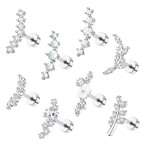 8Pcs Stainless Steel 16G Conch Piercing Jewelry Helix Cartilage Earrings | Flower Opal CZ Stud Earrings Set with Flat Back for Women, 18K Gold Plated, Silver, Rose Gold - color: Silver