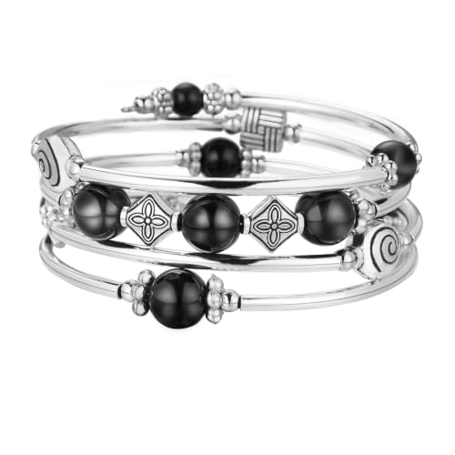 Beaded Pearl Bangle Wrap Bracelet - Fashion Bohemian Jewelry Multilayer Charm Bracelet with Thick Silver Metal Beads, Gift For Women - color: Black