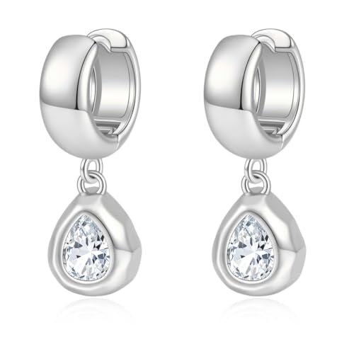 Gold Chunky Dangle Earrings for Women, Bezel Set Cubic Zirconia Charm | 14K Gold Silver Plated, Statement Huggie Hoops Drop Earrings, Trendy Jewelry Gifts, High Grade CZ, Hypoallergenic Lightweight - color: SL-Teardrop CZ Hoop