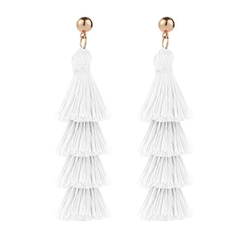 BaubleStar Bohemian Layered Tassel Drop Earrings for Women | Lightweight Statement Party Festival Jewelry - color: White