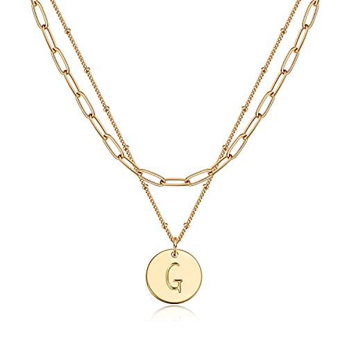 Valloey Rover Initial Necklaces for Women 14K Gold Plated Dainty Letter Necklce Round Coin Disc Pendant Double Side Engraved A-Z Necklace Personalized Jewelry Gift for Women - color: Layer-G