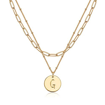 Valloey Rover Initial Necklaces for Women 14K Gold Plated Dainty Letter Necklce Round Coin Disc Pendant Double Side Engraved A-Z Necklace Personalized Jewelry Gift for Women - color: Layer-G