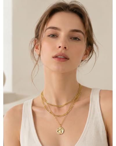 Layered Gold Necklaces for Women14K Gold Planted Non Tarnish | Cuban, Herringbone,Figaro,Paperclip Chain Layering Stack Choker Necklace , Trendy Jewelry Gift for Women - color: A