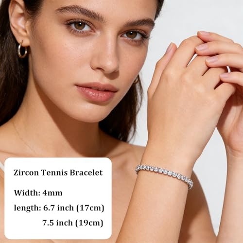 GulCean 14K Gold Plated 4mm Cubic Zirconia Classic Tennis Bracelet Copper CZ Charm Iced Out Tennis Bracelet for Women Men Size 6.7inch 7.5 inch - color: Silver, size: 7.5inch(19cm)