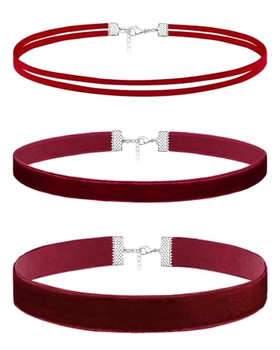 Ronglry 3pcs Black Choker Necklace for Women Black Velvet Choker Set Layered Black Choker Necklaces Classic Chokers for Women Adjustable Gothic Lace Black Collar Necklace for Party Cosplay Christmas Birthday Jewelry Gifts - color: red 3pcs set