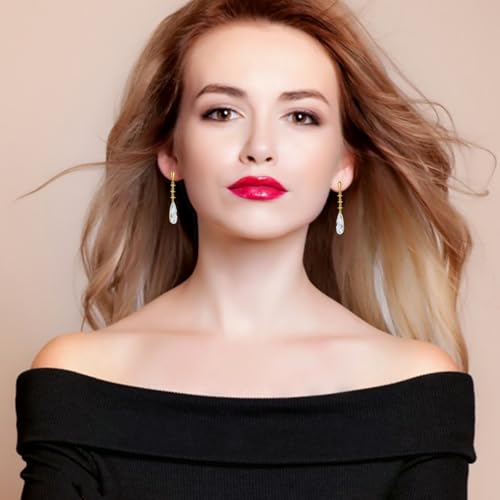 VONSSY Austrian Crystal Teardrop Drop Dangle Earrings Gold Plated Silver Post Zircon Gemstone Jewelry Gift for Woman Girlfriend Mom Wife - color: White